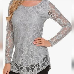 SOTEER Longsleeve Sheer Lace Crochet Grey Blouse Shirt Size XXL